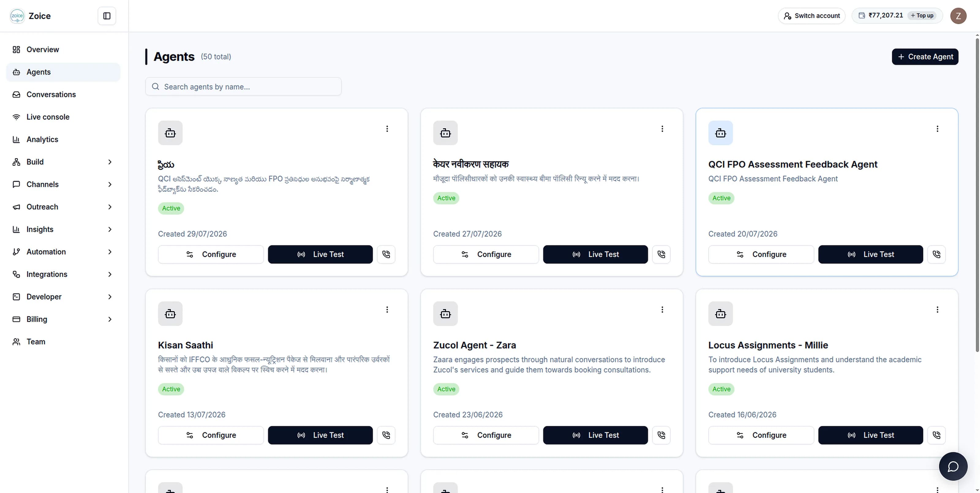 The Zoice agents console: a searchable grid of AI agents, each showing its description, active status, creation date, and buttons to configure or live-test it.